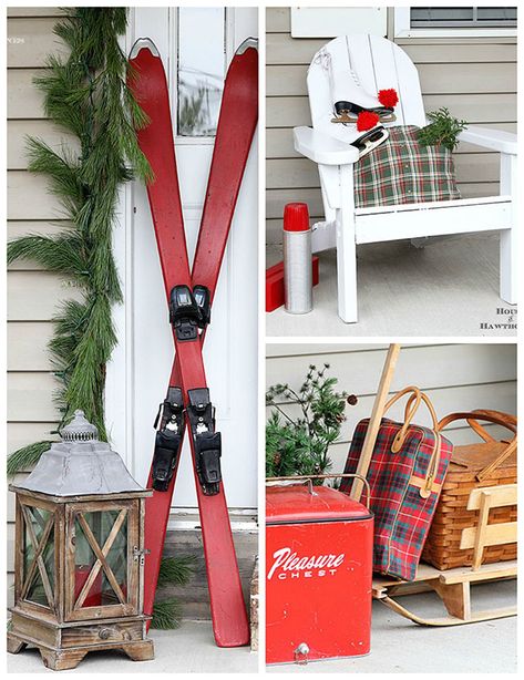 Fun holiday front porch ideas are shown, including chalk painted skis, vintage Thermoses and plaid decor for Christmas.  And most of the items were found at thrift stores and estate sales. Holiday Front Porch, Christmas Lodge, Ski Bums, Ski Decor, Winter Porch, Decor For Christmas, Plaid Decor, Christmas Front Porch, Front Porch Ideas