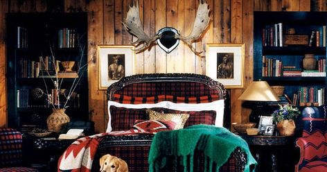 Ralph Lauren's Indian Cove collection mixes whimsical collectibles with lush fabrics and graphic red and black plaids and Native American fabrics. Rustic Cabin Interior, Ralph Lauren Interiors, Lodge Bedroom, Maximalist Interior Design, Paneled Walls, Maximalist Interior, Rustic Home Interiors, Rustic Porch, Interior Minimalista