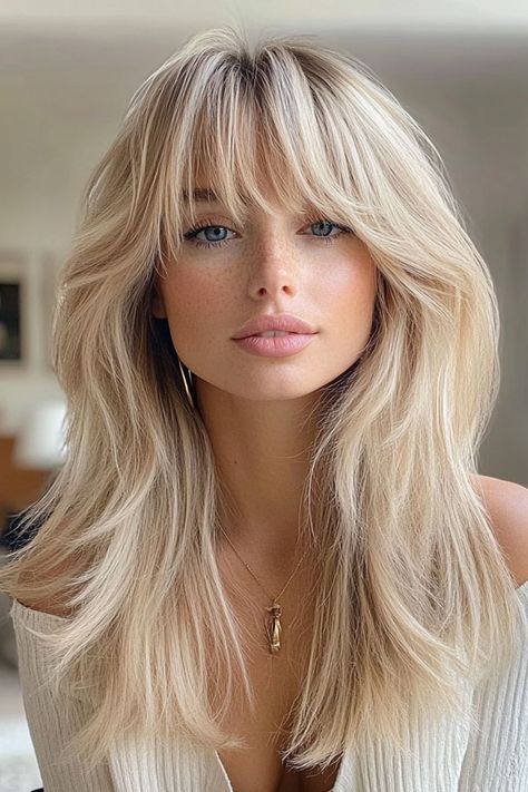 Icy Blonde Feathered Layers with Bangs Long Hair With Feathered Bangs, Blonde Wolf Cut Long, Fringe Hairstyles Blonde, Blonde Mid Length Hair With Bangs, Blonde Balayage With Bangs, Whisky Bangs, Rock Chick Hair, Layers With Bangs, Mid Length Hair With Bangs