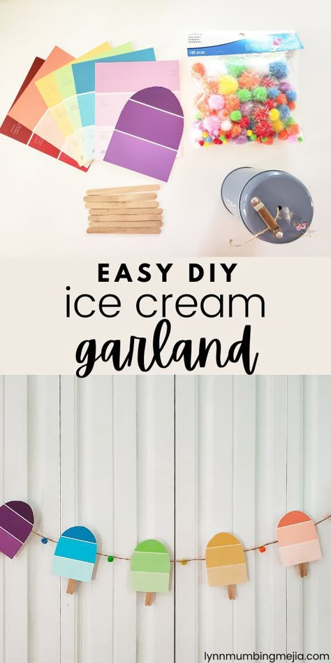 DIY Easy Summer Ice Cream Garland | Lynn Mumbing Mejia Diy Ice Cream Craft, Ice Cream Bar Party Ideas For Kids, Diy Ice Cream Decor, Ice Cream Party Decorations Diy, Diy Ice Cream Decorations, Ice Cream Dramatic Play, Diy Ice Cream Party, Ice Cream Bedroom, Ice Cream Garland