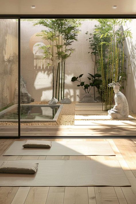 Tranquil Yoga Room Ideas with Zen Garden Natural Yoga Studio, Zen Indoor Garden, Outside Yoga Space Ideas, Garden Yoga Studio, Yoga In Garden, Wellness Studio Design, Wellness Centre Design, Indoor Garden Ideas Houses, Backyard Yoga Space Zen Gardens