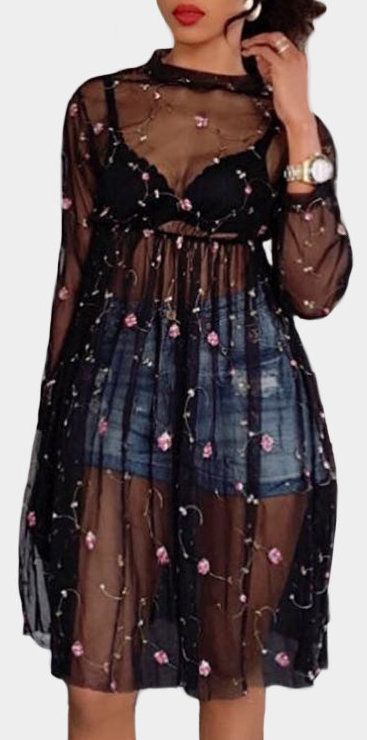 Black Mesh Floral Embroidered Midi Dress Sheer Dress Outfit Night, Sheer Dress Outfit, Dress With Shorts Underneath, Long Sleeve Princess Dress, Dress Trending, Summer Dresses Knee Length, Dress With Shorts, Robes Glamour, Fashion Dresses For Women