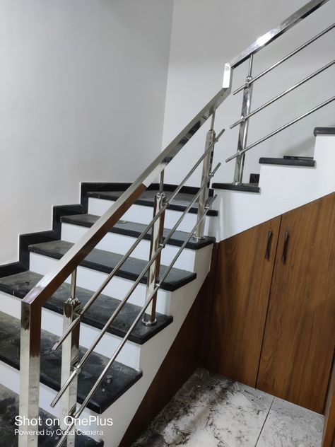 Steps Design Interior Stairs Steel, Ss Railing Design, Stainless Handrail, Steps Railing, Ss Railing, Steel Stairs Design, Steel Grill Design, Steel Railing Design, Home Gate Design