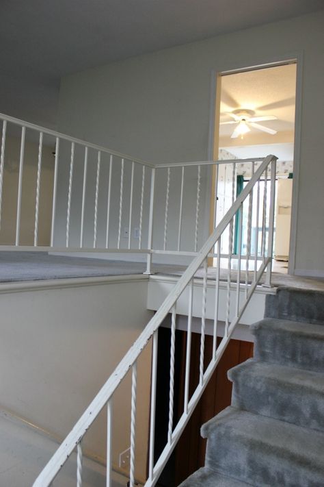 Have one of those 70's era metal handrails at your house? Learn How to Paint Metal Handrails - anyone can do this! All you need is a good paintbrush and paint! Wrought Iron Stair Railing Makeover, Painted Iron Stair Railing, Painting Iron Railing, Railings Paint Color, Metal Stair Railing Makeover, How To Paint Metal Stair Railings, Replace Metal Stair Railing, How To Paint Metal Railing Outside, Painted Stairs Makeover