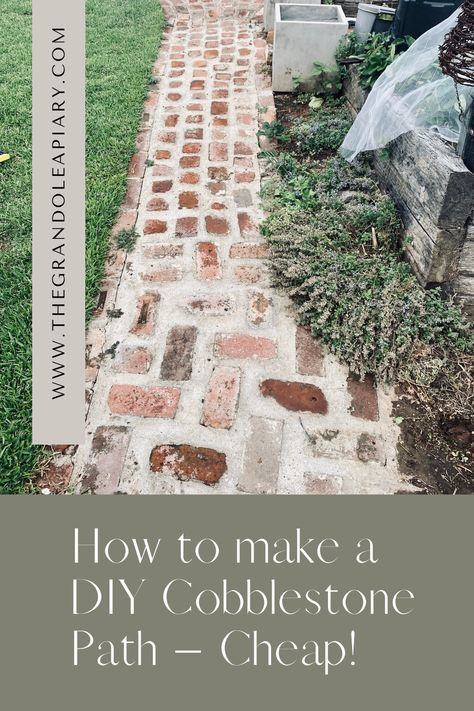 How to make a DIY Cobblestone Path - Cheap! - The Grand Ole Apiary Brick Pathway Diy Easy, Cottage Garden Paths Walkways, Cobblestone Pavers Walkways, Brick Garden Paths And Walkways, Garden Paths And Walkways Cheap, Diy Cobblestone Walkway, Diy Walkways Paths Cheap Simple, Cottage Garden Path, Old Bricks Ideas Diy