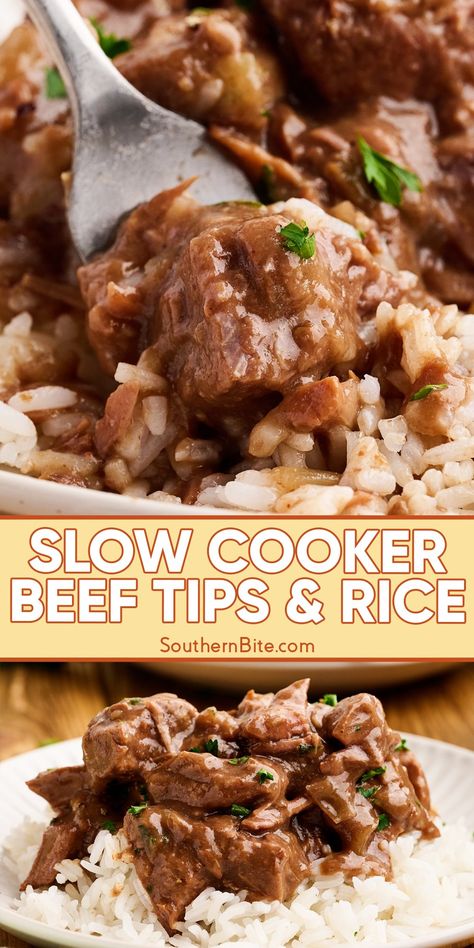 Slow Cooker Beef Tips and Rice is the perfect recipe for busy weeknights! Dump all the ingredients in the slow cooker in the morning and come home to a ready-to-eat, delicious dinner. Beef Tips In Crockpot Recipes, Beef Tips Rice And Gravy Crock Pot, Crock Pot Beef Tip Recipes, Steak And Rice Crockpot Recipes, Beef Tips Over Rice Crock Pots, Healthy Beef Tips Recipe Slow Cooker, Frozen Beef Tips In Crockpot, Easy Crockpot Recipes With Rice, Beef Tip And Rice