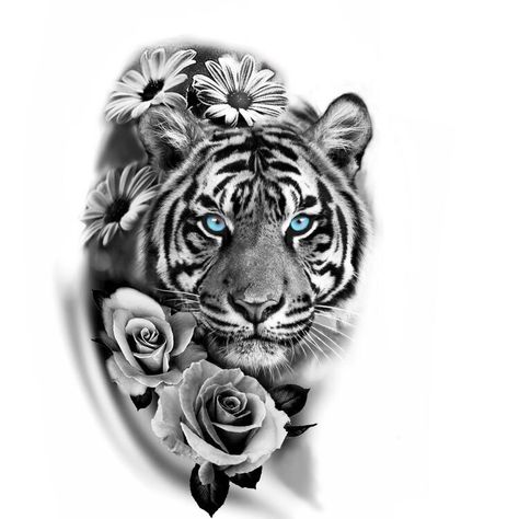 Tiger With Flowers Tattoo Design, White Tiger Hip Tattoo, White Tiger Tattoo Design, Tiger And Flowers Tattoo Design, Tiger Tattoo Cover Up, Tiger With Roses Tattoo, White Tiger Tattoo For Women, Tiger And Flower Tattoo, Tiger Tattoo With Flowers