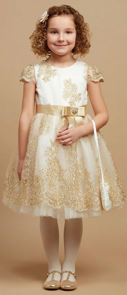 Gorgeous! ROMANO PRINCESS Ivory & Gold Lace Party Dress. Perfect Dress for New Year Celebrations! #party #dress #newyear #kidsfashion #girl Toddler Dresses Fancy, Dress For New Year, Black Quinceanera, Gold Lace Dress, Gold Lace Dresses, Black Quinceanera Dresses, Lace Party Dress, Cream Color Dress, Dresses For Kids