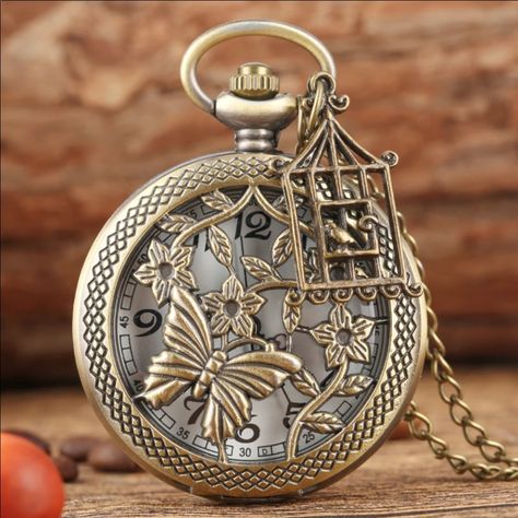 Bronze Flower Butterfly Antique Pocket Watch. Quarts Movement Antique Style Case Material Acrylic / Bezel Material Type Alloy Dial Diameter 4cm / Pocket Watch Necklace Steampunk Pocket Watch, Steampunk Pendant, Pocket Watch Necklace, Fob Watch, Vintage Pocket Watch, Bronze Necklace, Pocket Watch Chain, Elegant Pendant, Watch Chain