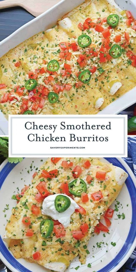 Smothered Chicken Burritos, Enchiladas Sauce, Baked Burritos, Green Enchiladas, Burrito Recipe Chicken, Smothered Chicken, Burritos Recipe, Chicken Burritos, Mexican Food Recipes Easy