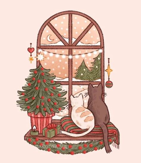 Marigona Suli Cat Wallpaper Christmas, Christmas Cat Wallpaper, Wallpaper Christmas, Christmas Illustrations, Winter Illustration, Cute Christmas Wallpaper, Christmas Card Art, Christmas Town, Cats Funny