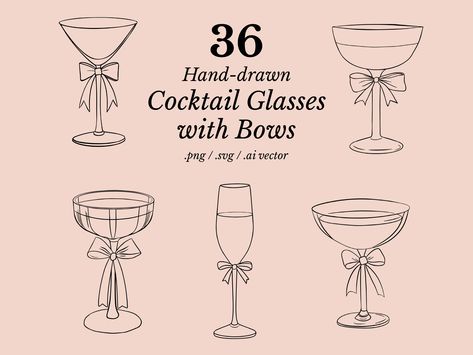 This bundle of hand-drawn Cocktail Glasses is a labor of love. Countless hours were spent carefully crafting these illustrations for your creative needs. Have fun creating beautiful cards, signs, logos, and anything else you can think of with these high-quality party cocktail glasses and champagne bottles! What to expect: - 36 TOTAL Cocktail Party essential illustrations - 5 solo Champagne bottle drawings - 4 Champagne glasses with bows - 9 Coupe glasses with and without bows - 18 miscellaneous Champagne Glasses Drawing, Cocktail Glass Drawing, Bottle Drawings, Glass Png, Cocktail Illustration, Bottle Drawing, Bow Clipart, Adobe Illustrator Vector, Champagne Bottles