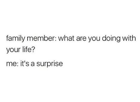 Family member: what are you doing with your life? Me: it's a surprise People Don’t Surprise Me Anymore, Mood Memes Annoyed, How To Make Someone Happy Memes, Surprise Meme Funny, Sarcastic Jokes, Cheesy Quotes, Me Quotes Funny, Really Good Quotes, Dope Quotes