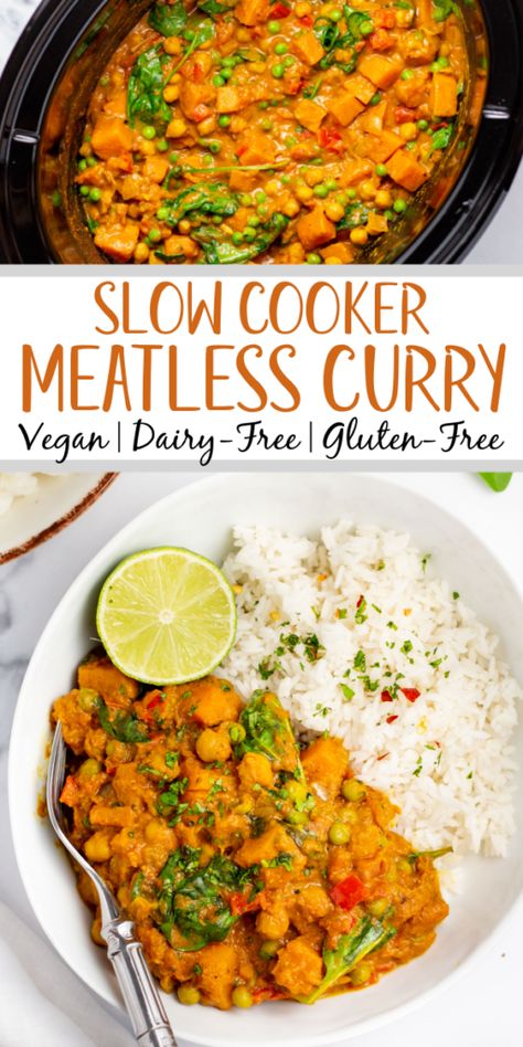 This slow cooker vegetable curry is the easiest set it and forget it meal. It's awesome for a meatless dinner or vegan lunch recipe that is simple to meal prep. It's also gluten-free and dairy-free, really filling and nourishing, and full of that comforting curry flavors you know and love! This crock pot curry uses a lot of pantry staple ingredients, so it's also a very budget friendly recipe! #slowcookercurry #vegancurry #meatless