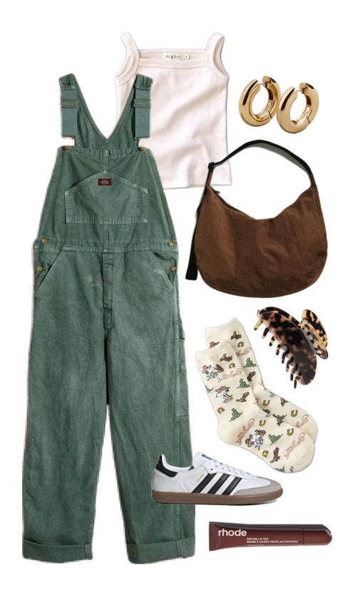 Trader Joes Outfits, Green Outfit Ideas Casual, Green Outfit Aesthetic Summer, Green Button Down Shirt Outfit, Green And Yellow Outfit, Green Overalls Outfits, Farmcore Outfit, Easy Teacher Outfits, Overalls Outfit Aesthetic