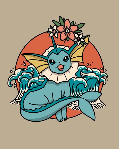 Vaporeon Eeveelution traditional style Pokémon tattoo. Eevee And Vaporeon, Vaporeon Tattoo, Kawaii Posters, Flesh Art, Chibi Pokemon, 2024 Tattoo, Pokemon Tattoo, Sticker Ideas, Aesthetically Pleasing