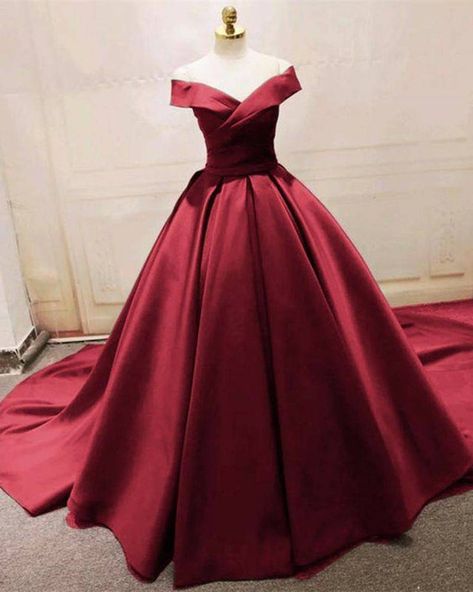 Gown Elegant Evening, Green Satin Prom Dress, Ball Gown Elegant, Burgundy Quinceanera Dresses, Burgundy Wedding Dress, Satin Prom Dress Long, Prom Dresses Off The Shoulder, Red Ball Gown, Long Sleeve Ball Gowns