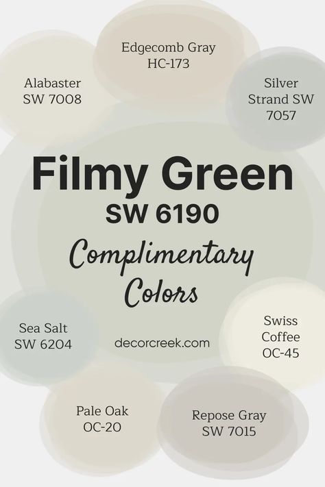 Filmy Green SW 6190 Paint Color by Sherwin-Williams Filmy Green, Soft Green Paint Color, Soft Green Paint, Sw Sea Salt, Warm Whites, Pale Oak, Edgecomb Gray, Swiss Coffee, Repose Gray