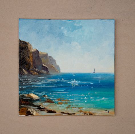 Seascape Oil Painting Beach Landscape Origimal Painting On Canvas Small Art Miniature Sea Ocean Solar Sunnay Coast Mountain Cliff Oil Painting Beach, Mountain Cliff, Mini Toile, Art Miniature, Painting Beach, Small Canvas Paintings, Oil Painting Portrait, Arte Inspo, Beach Landscape