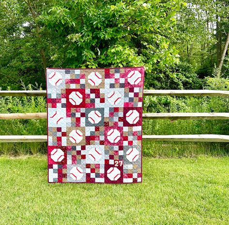 Here is my completed Batter Up Quilt! This was a commission quilt for @dianaweger to use at her son's baseball games. She found the perfect numbers to appliqué on the front of the quilt to make it just a bit more personalized. The Batter Up pattern is by @cluckclucksew and was easy to follow with great graphics throughout. It can also be made as tennis balls. Longarm quilting by yours truly. . . #sewcialstitch #baseballquilt #cluckclucksew #cluckclucksewpatterns #batterup #batterupquilt #scrapp Baseball Quilts Ideas Boys, Baseball Quilt Pattern Ideas, Baseball Quilts, Baseball Quilt, Sports Quilts, Cluck Cluck Sew, Memory Quilts, Memory Quilt, Tennis Balls