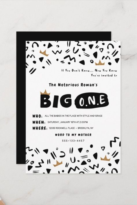 BIG One First Birthday invitation Perfect for a Notorious One party for your smalls that's getting Biggie! 90's Rap/ Hip hop Theme first Birthday invitation. Design features bold text and a 90's squiggle pattern #birthdayinvitationcard #birthday #happybirthday #birthdaycards 90s Squiggle Pattern, Birthday Rap, Big One First Birthday, First Birthday Party Themes, 1st Birthday Invitations, First Birthday Invitations, Boy First Birthday, 1st Boy Birthday, Youre Invited