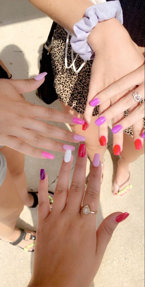 Red Multicolor Nails, Pink Purple And Red Nails, Purple And Pink Valentines Day Nails, Pink Red Purple Nails, One Hand Red One Hand Pink Nails, Purple And Red Nails, Red And Purple Nails, Red And Pink Nails Ideas, Pink Purple Nails