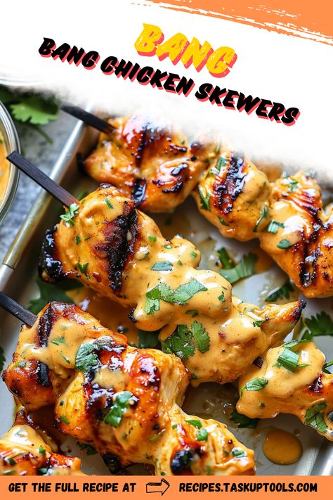 Discover the mouthwatering flavors of Bang Bang Chicken Skewers! This delicious recipe features tender chicken marinated in a savory and spicy sauce, then grilled to perfection. Perfect for your next barbecue or as a flavorful appetizer, these skewers are easy to make and sure to impress your guests. Serve them with a drizzle of creamy sauce and fresh herbs for an irresistible twist. Pin this recipe for a crowd-pleasing dish that combines convenience and gourmet taste! Easy Skewer Appetizers, Pasta Skewers, Chicken Skewers Grilled, Bang Bang Chicken Skewers, Chicken Finger Recipes, Bang Bang Chicken, Chicken Skewer Recipe, Grilled Chicken Skewers, Yogurt Chicken