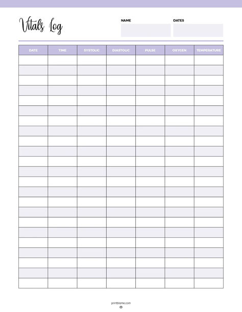 A Printable Vitals Log with sections to record date, time, systolic and diastolic blood pressure, pulse, oxygen levels, and temperature. Vital Signs Chart, Systolic And Diastolic, Essential Oil Chart, Medical Binder, Caregiver Resources, Life Binder, Record Keeping, Daily Planners, Anatomy Study