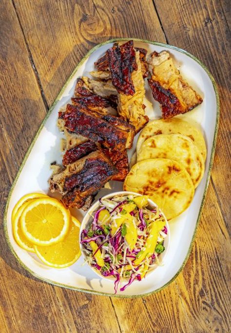 Jerk Pork Belly with Roti & Mango & Coconut Slaw - Ainsley Harriott Jerk Pork Belly, Coconut Slaw, Ainsley Harriot, Baked Scalloped Potatoes, Rolled Roast, Beef Kebabs, Jerk Pork, Sweet Potato Curry, Chicken Asparagus