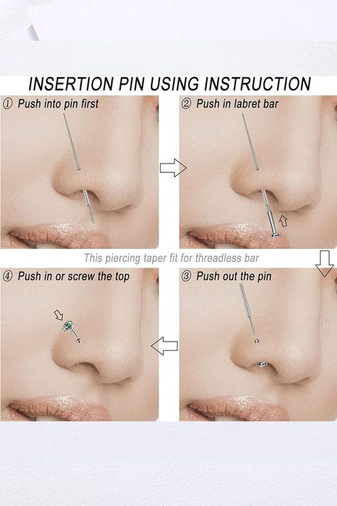 ❀USING INSTRUCTIONS——1).Put a half part of piercing taper into the ear hole. 2).Push piercing bar into the hole of the taper, then push through totally your ear hole slowly and softly. 3).After through your ear hole, take the taper out of the hole and let the piercing bar stay. 4).Screw the piercing top or bottom. Thin pin at the end helps prevent slipped and cover threadless labret bar to avoid injury while piercing Vertical Nose Tip Piercing, Piercings Jewelry, Piercing Kit, Jewelry Kit, Jewelry Knowledge, Piercing Nose, Jewelry Kits, Body Piercings, Ear Piercing