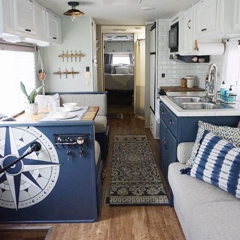 really like this blue for the kitchen over white cabinets Caravan Makeover, Camper Trailer Remodel, Modern Rustic Farmhouse, Kombi Home, Diy Camper Remodel, Rv Makeover, Travel Trailer Remodel, Rv Renovations, Camper Makeover