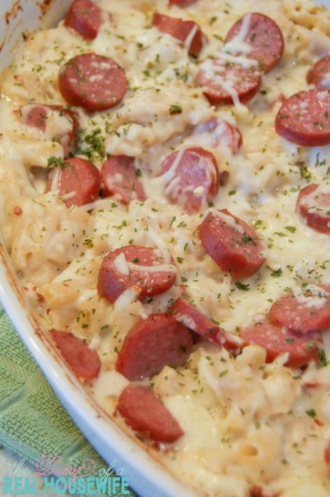 easy-kielbasa-alfredo-bake-the-best-dinner-recipe-idea-so-good-and-so-easy-to-make - The Diary of a Real Housewife Kielbasa Alfredo, Kielbasa Pasta, Delish Dinners, How To Cook Kielbasa, Slow Cooker Kielbasa, Alfredo Bake, Kielbasa Recipes, Super Easy Dinner, Alfredo Sauce Recipe