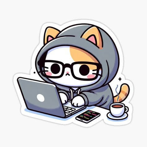 Kawaii Characters Drawing, Cat Using Laptop, Tech Stickers, Laptop Drawing, Postcard Ideas, Sticker Design Inspiration, Cute Laptop Stickers, Cat Ideas, Animal Doodles