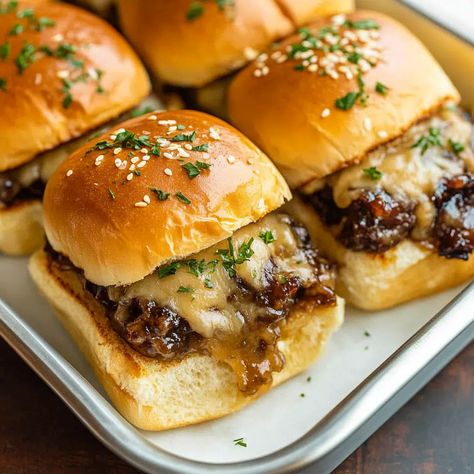 French Dip Sliders Recipe - sandyrecipes.com Best French Dip Sliders, French Dip Squares With Crescent Rolls, Sunday Football Food Dinners, French Dip Sliders Hawaiian Rolls, Football Food Dinner, French Dip Slider, Roast Beef Dip, Au Jus Sauce, Jus Sauce