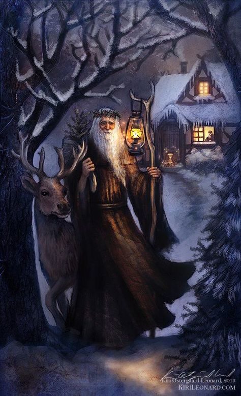 The Holly King (the Hermit) - Green Witch Tarot Celtic Yule, Green Witch Tarot, The Holly King, Fairy Tales Artwork, The Green Witch, Witches Tarot Deck, Holly King, Pagan Yule, The Hermit Tarot