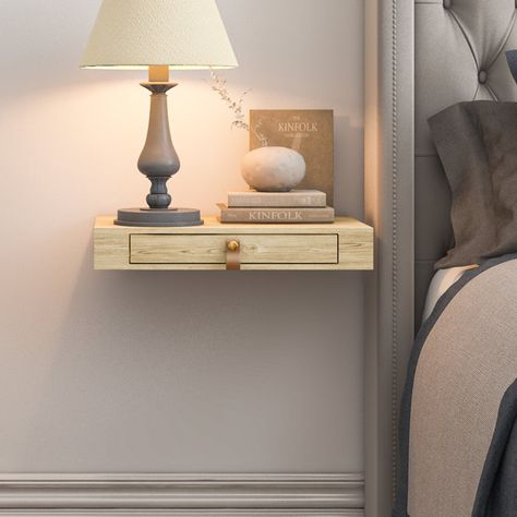 Gracie Oaks Martyn Floating Shelf with Drawer | Wayfair Floating Shelf Entryway Small Spaces, Make Up Shelf In Bedroom, Floating Shelf Side Table, Wall Lamp With Shelf, Floating Shelves As Nightstand, Wall Mount Bedside Table, Floating Nightstand Shelf, Floating Shelves Beside Bed, Floating Shelf Bedside Table