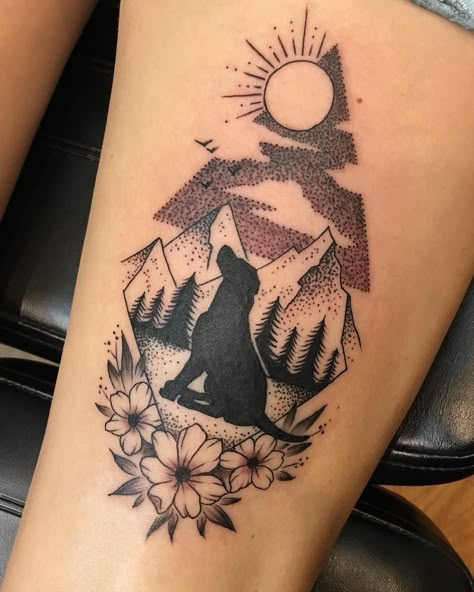 Blackwork dog and mountains outdoors nature tattoo Outdoor Tattoo, Tatoo Dog, Nature Tattoo Sleeve, Dog Memorial Tattoos, Western Tattoos, Nature Tattoo, Outdoors Tattoo, Memorial Tattoo, E Tattoo