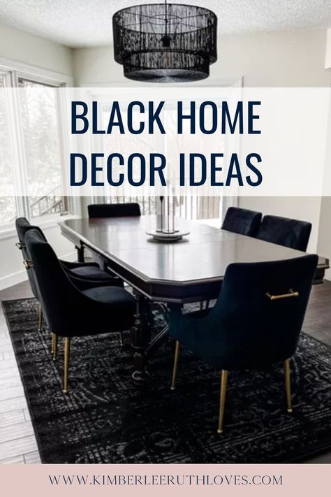 Black Rug In Dining Room, Black Dining Table Rug, Dining Table Black Rug, Black Kitchen Table Decor, Black Kitchen Table With Tufted Chairs, Black Home Decor Ideas, Black Dining Table Decor, Black Dining Toom Chairs White Table, Black Dining Table Decor Ideas