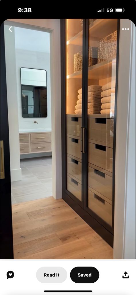 Closet In Bathroom, Linen Closet Design, Small Bathroom Storage Cabinet, Bathroom Linen Closet, Master Bath And Closet, Closet And Bathroom, Closet Renovation, Linen Cupboard, Bathroom Linen Cabinet