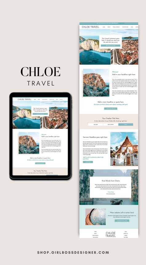 Our Chloe Showit Website Template for Travel Advisors is one of our favorites! This high quality template is perfect for the entrepreneur who wants to attract the attention of ideal clients and drive traffic to their website. This Showit template is perfect for travel experts such as travel agents, travel designers, and travel advisors who want to curate a custom and luxe experience for their clients. Check out more on the blog! Trip Website Design, Travel Blog Website Design, Travel Guide Website Design, Travel Agent Website, Website Design Travel Agency, Travel Agent Website Design, Agency Website Inspiration, Travel Website About Us Page, Travel Blog Design