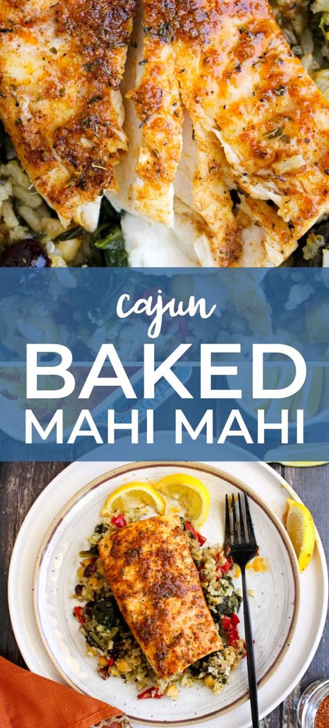 This delicious Cajun Baked Mahi Mahi recipe features fresh mahi filets that are seasoned with bold Cajun flavors and finished with a squeeze of lemon juice. The mahi mahi comes out perfectly cooked every time! Stuff Potatoes, Quinoa Salmon, Baked Mahi Mahi, Salmon Food, Salmon Baked, Gf Meals, Cajun Salmon, Tilapia Fish Recipes, Cooking Beets