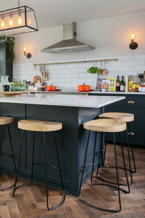 This afternoon we are taking you back to this stunning kitchen design 🤎 Featuring our Tannery Brown Herringbone, this fabulous rustic-inspired kitchen looks fantastic, perfectly complimenting its surroundings. To order your free sample of this herringbone floor, click the link in our bio now, or head to our website to read the full design story now 🤩 Dark Herringbone Wood Floor Kitchen, Herringbone Kitchen Floor, Herringbone Wood Floor Kitchen Wood Cabinets, Dark Wood Herringbone Flooring, Dark Brown Herringbone Floor, Brick Herringbone Floor Lowe's, Herringbone Kitchen, Engineered Oak Flooring, Wood Laminate Flooring