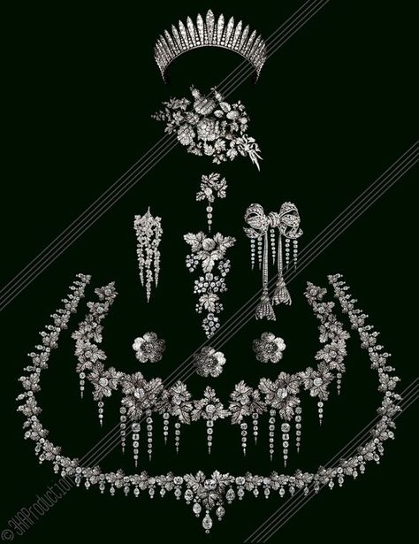 Colourised Photographs of the French Royal Jewels, featuring diamonds, rubies, sapphires, pearls, tiaras, crowns, necklaces, bracelets and brooches belonging to the French Royal Family. Diamond Parure, Empress Eugenie, Royal Crown Jewels, Royal Tiaras, Pearl Tiara, Diamond Tiara, Historical Jewellery, Vintage Jewelry Art, Diamond Crown