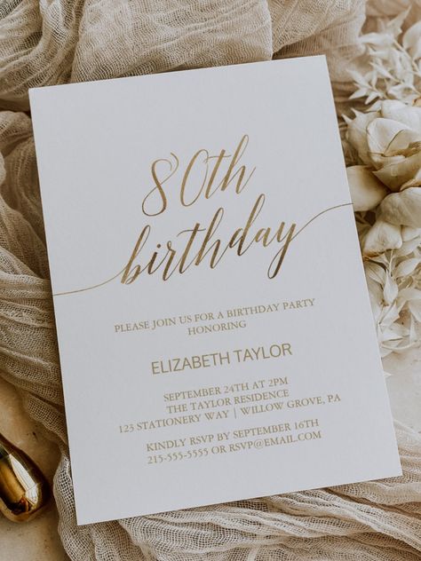 Elegant Gold Calligraphy 80th Birthday Invitation This elegant gold calligraphy 80th birthday invitation is perfect for a simple birthday party. The neutral design features a minimalist card decorated with romantic and whimsical faux gold foil typography. Please Note: This design does not feature real gold foil. It is a high quality graphic made to look like gold foil. Elegant Birthday Invitation Design, 21 Dinner, Elegant Birthday Invitations, 21 Diner, Simple Birthday Party, 80th Birthday Invitations, Stationery Ideas, Minimalist Card, Classic Invitation