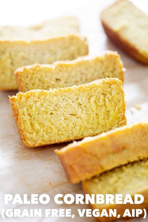 This 6 ingredient Paleo Cornbread recipe is the perfect side for just about any holiday meal. Plus it’s the simplest AIP bread you’ll find! This recipe is dairy free, grain free, Paleo, Vegan and AIP. Grain Free Flour Blend, Aip Bread, Paleo Cornbread, Aip Sides, Aip Baking, Gf Snacks, Carrot Cake Smoothie, Paleo Breads, Paleo Side Dishes