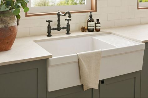 The 12 Best Farmhouse Sinks of 2024 Ruvati Farmhouse Sink, Sea Salt Kitchen, Farmhouse Sink Ideas, Cast Iron Farmhouse Sink, Best Farmhouse Sinks, Beige Kitchen Cabinets, Best Wall Paint, Single Sink Kitchen, Cabinet Island