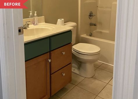 Before and After: An $800 Redo Takes This Windowless Bathroom from Dim to Dazzling — Cubby Bathroom With Beige Tile Floor, Bathroom With Beige Tile, Beige Tile Bathroom, Tub And Tile Paint, Beige Floor Tile, Windowless Bathroom, Light Green Walls, Gray And White Bathroom, Shower Inserts