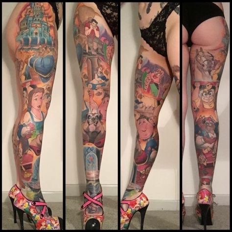 Disney Tattoos Sleeve Leg, Disney Princess Sleeve Tattoo, Disney Leg Sleeve Tattoo, Land Tattoos, Tattoos Cartoon, The Beast Tattoo, Tattoo Canvas, Beast Tattoo, Australia Tattoo