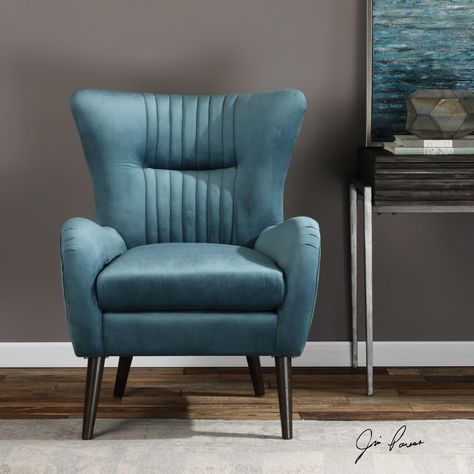 Blue Velvet Accent Chair, Wingback Accent Chair, Mid Century Accent Chair, Velvet Accent Chair, Eames Chairs, Old Chairs, Floor Protectors, Furniture Hacks, Wing Chair