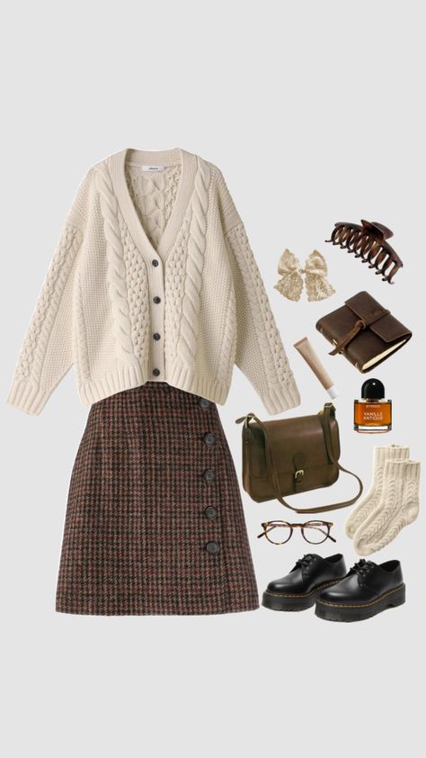 #lightacademia #aesthetic #academiacore #cottagecore #aesthetic #brown #inspo #outfit #cozy #outfitinspo #ootd #fashion #style #fall #cardigan #folklore Fall Cardigan, Aesthetic Brown, Lit Outfits, Inspo Outfit, Cottagecore Aesthetic, Style Fall, Light Academia, Feminine Dress, Cozy Outfit